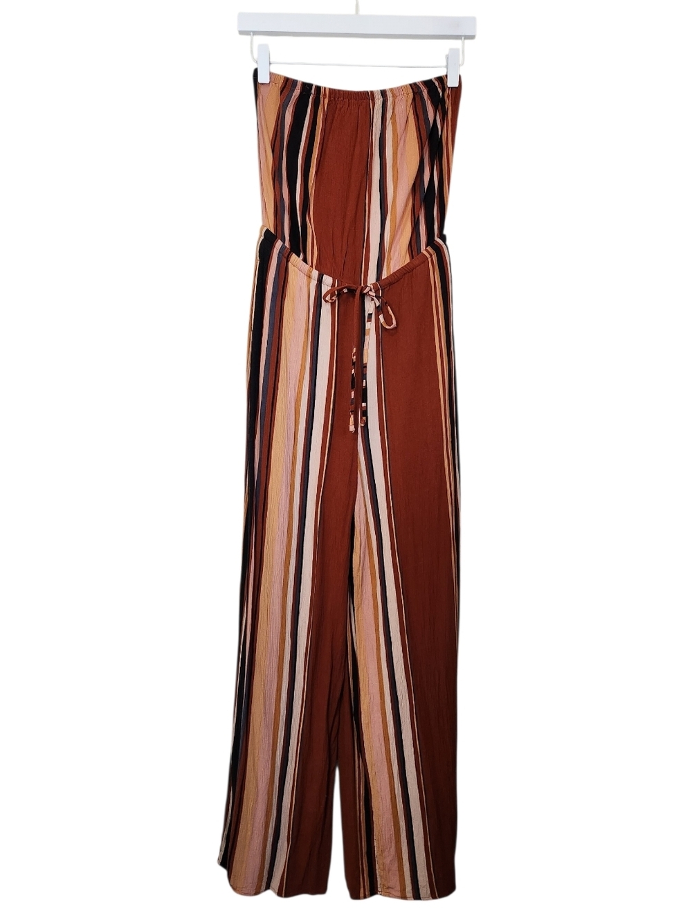 American Eagle Brown & Tan Striped Wide Leg Strapless Jumpsuit Sz Small